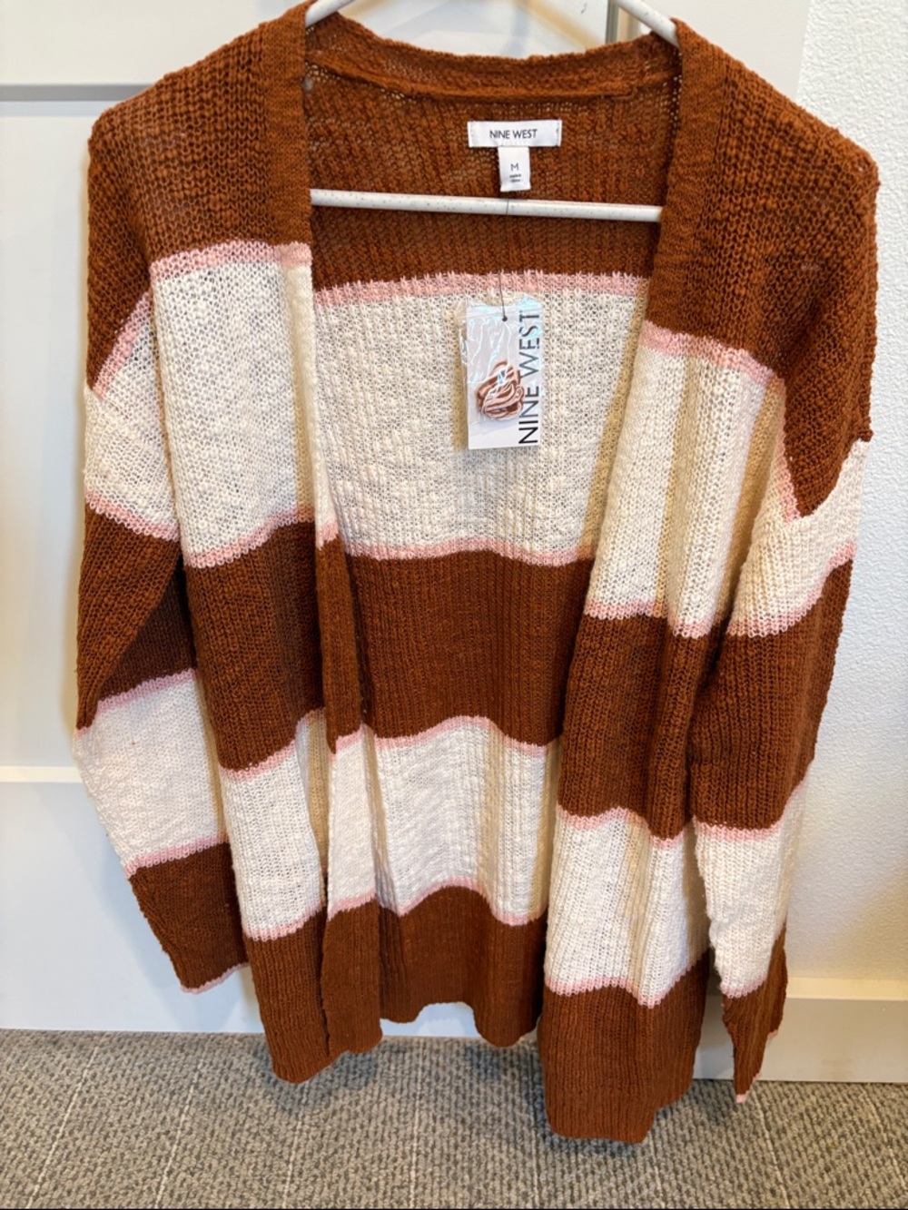 Nine West Rust, Cream & Pink Striped Open Knit Cardigan
